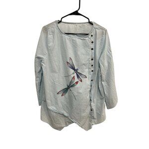 Asymmetrical Hem Dragonfly Embroidery Button-Front Top Sz L Boho Artisan